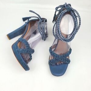 Joie blue leather lace up chunky heels sandals